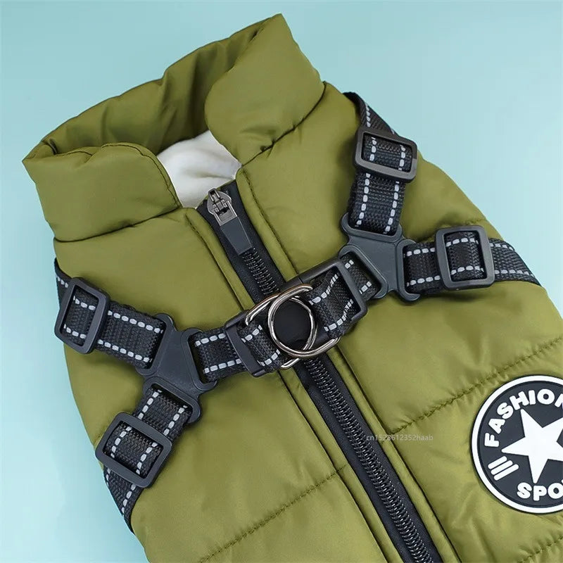 Zimní voděodolná bunda pro psy s postrojem – S M L XL XXL