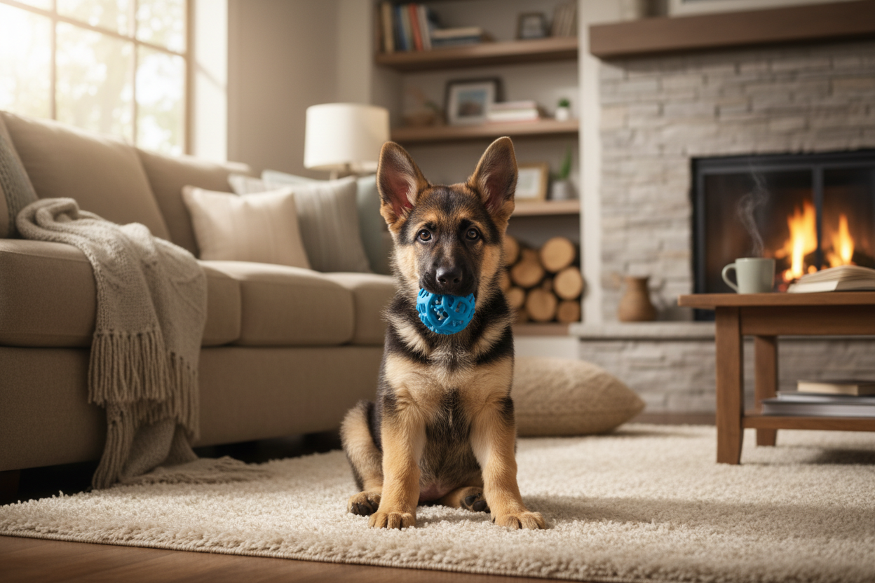 Štěně vlčáka s míčkem